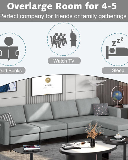 Giantex 4 Seat Convertible Sofa Couch, 123" L Sectional Sleeper with 2 or 1 USB Ports Socket
