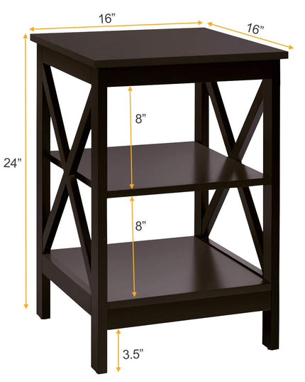 Nightstand 3-Tier X-Design W/Storage Shelves and Stable Structure Storage Organizer Display Sofa Side Table