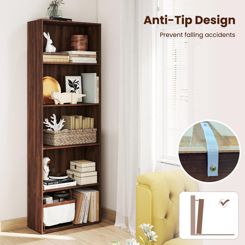 Giantex Tall Bookcase with 5 Open Compartments for Living Room