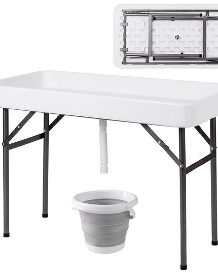 Giantex 4 FT Folding Ice Cooler Table with Drain & Bucket Removable Skirt