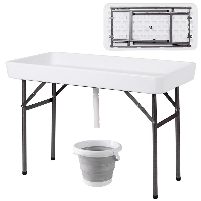 Giantex 4 FT Folding Ice Cooler Table with Drain & Bucket Removable Skirt