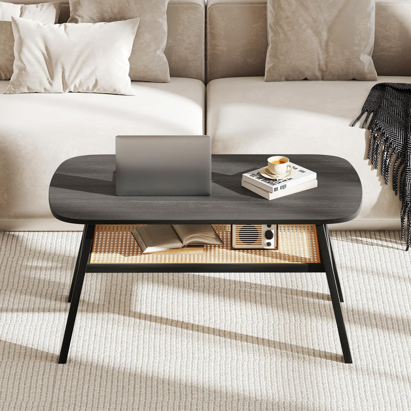 Giantex 2-Tier Mid Century Modern Rattan Coffee Table