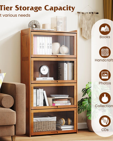 Giantex 4-Tier Bookcase with Clear Doors, 55" Bamboo Bookshelf with Flip-up Acrylic Doors, Freestanding Cube Storage Organizer with Shelves