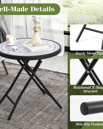 Giantex Folding Outdoor Side Table - 18” Round End Table with Tempered Glass Tabletop & Metal Frame