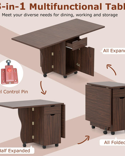 Table à manger pliable Giantex 3-en-1 avec 2 tiroirs et 2 placards