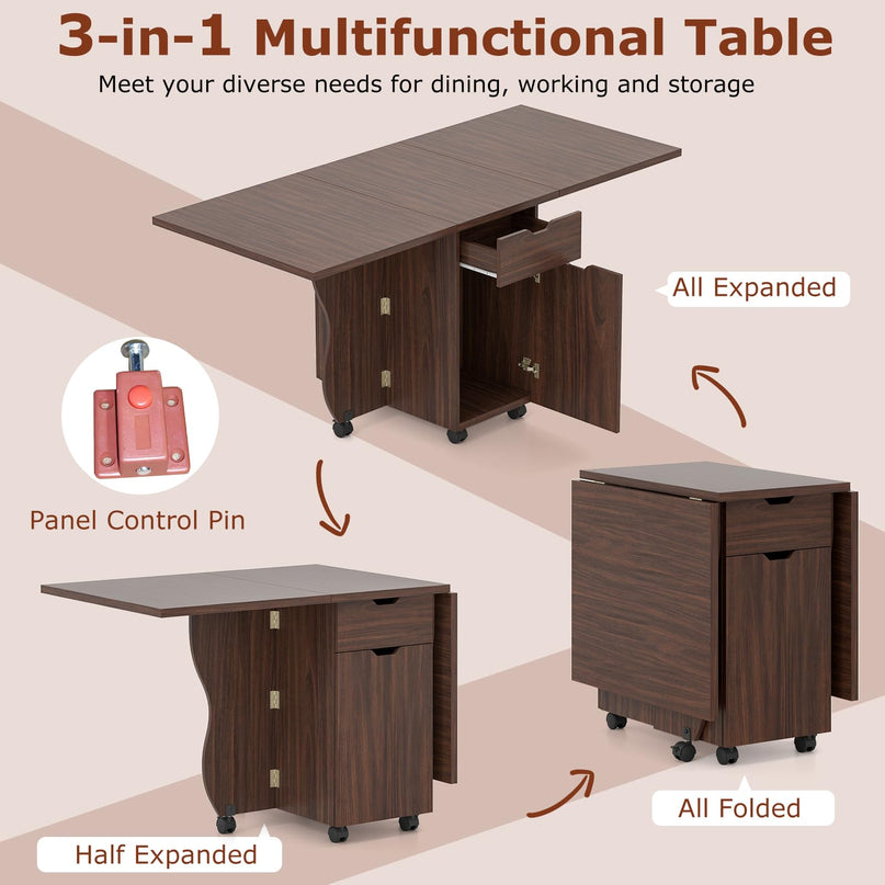 Table à manger pliable Giantex 3-en-1 avec 2 tiroirs et 2 placards