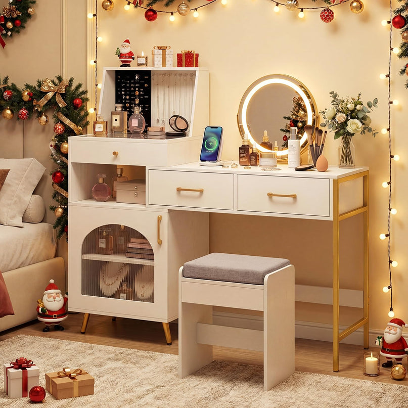 CHARMAID Vanity Desk with Charging Station Jewelry Organizer