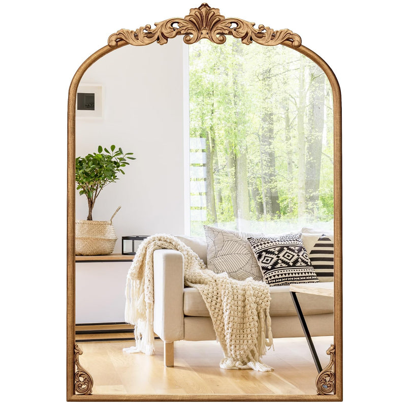 CHARMAID Arched Mirror, Gold Antique Mirror, Vintage Ornate Baroque Mirror with Metal Frame