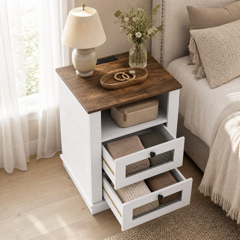 GIANTEX 2-Drawer Nightstand with Charging Station & Open Storage (1/2)