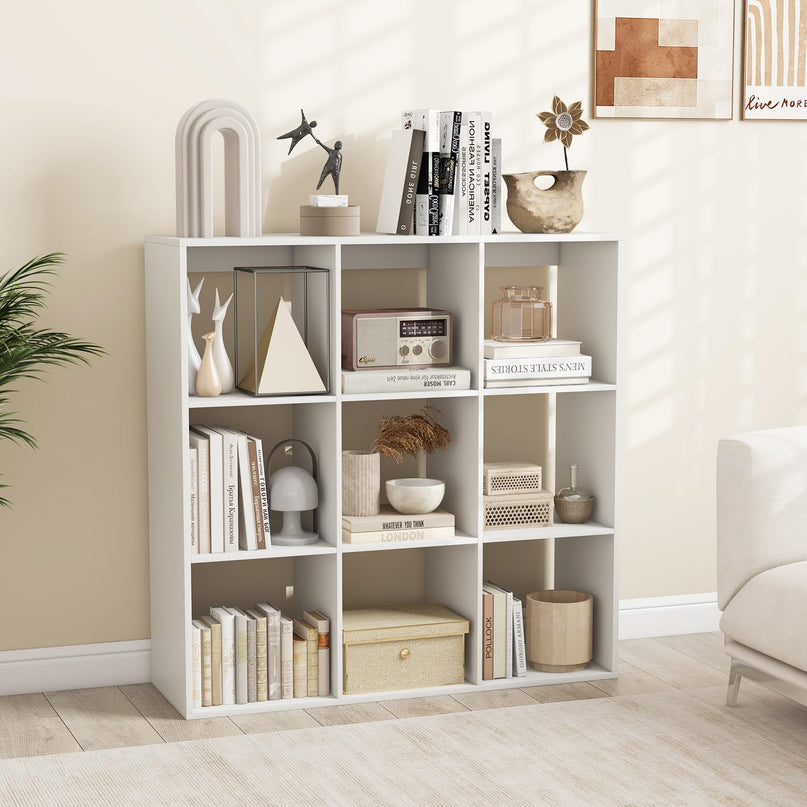 Giantex 9-Cube Bookcase, White Cubby Bookshelf w/Back Guardrail & Anti-Tipping Kits
