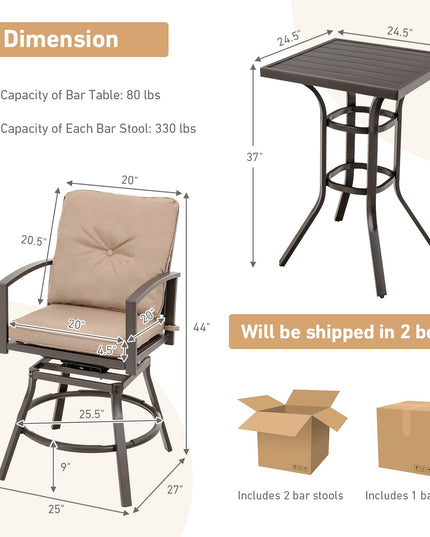 Giantex 3 Piece Patio Bar Set, All Weather Metal Outdoor Furniture Set, Bar Height Patio Table, Swivel High Bar Stool Chairs Set of 2