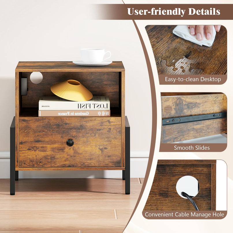 Giantex Industrial End Table with Charging Station & Storage Drawer