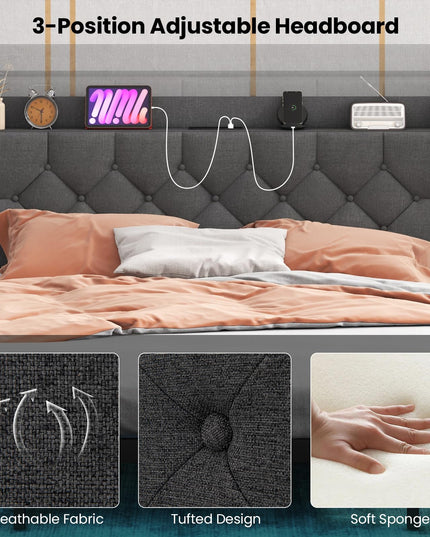 Giantex Floating Bed Frame with LED Lights, Modern Platform Bed with Adjustable Upholstered Headboard & Charging Station