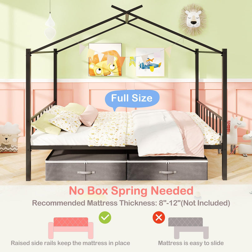 Giantex Metal Montessori Full Size House Bed with 2 Storage Drawers Noise Free