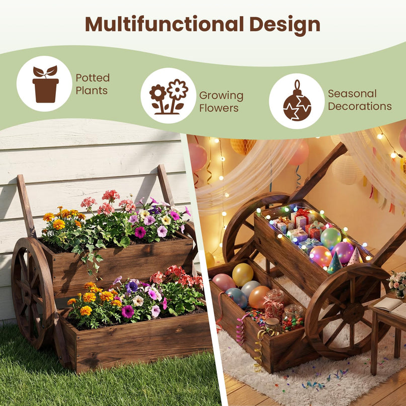 Giantex Wooden Wagon Planter Box for Patio Balcony