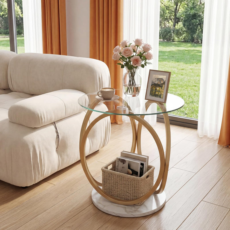 Giantex Round End Table Set of 1/2 Faux Marble Sofa Couch Side Table