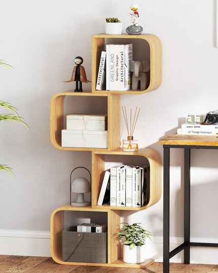 Giantex 4-Tier S-Shaped Bamboo Bookshelf with 4 Open Cubes