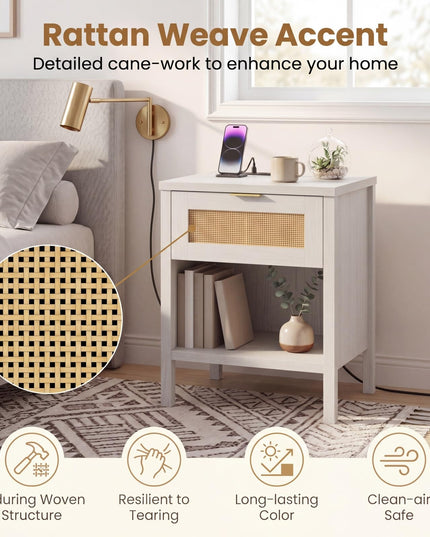 Giantex Rattan Night Stand with Charging Station