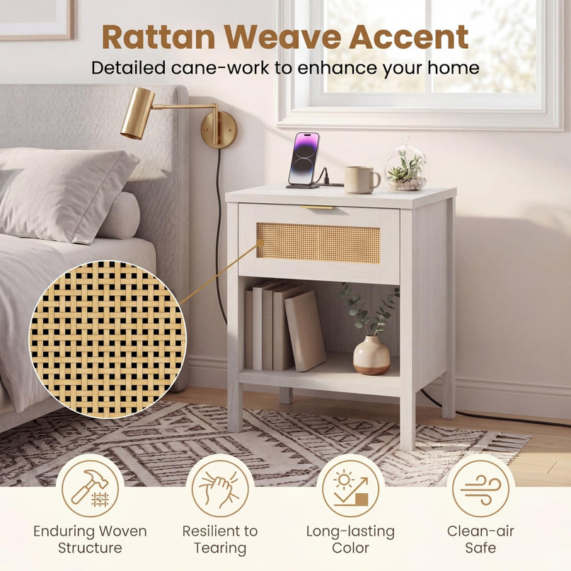 Giantex Rattan Night Stand with Charging Station