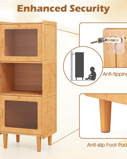Giantex Bamboo Storage Cabinet, 3-Cube Bookcase, Freestanding Liquor Display Sideboard with 2 Single Doors