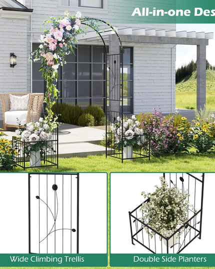 Giantex Garden Arch Trellis with Planters, 86'' Metal Arbor Pergola for Climbing Plants Rose Clematis Vines
