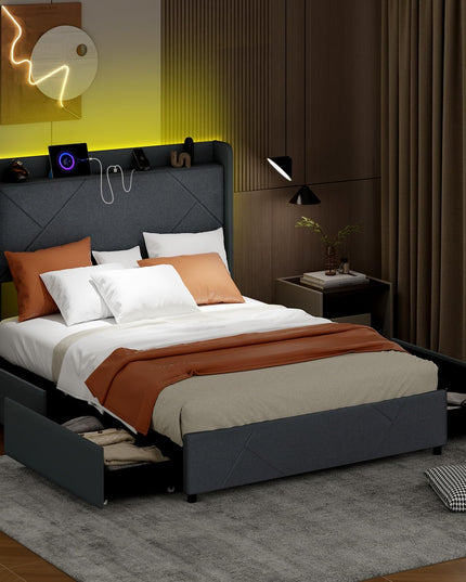 Giantex Full/Queen Size Bed Frame with 4 Storage Drawers & LED Lights, Headboard & Charging Station, Wooden Slats, Easy Assembly, Grey