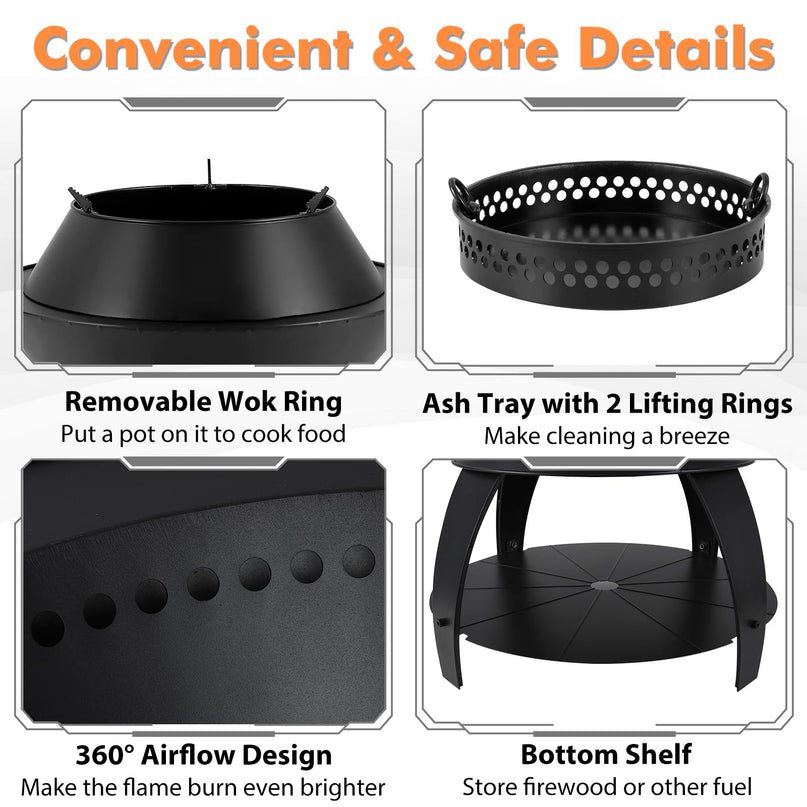 Giantex 3-in-1 Smokeless Fire Pit, 20" Wood Burning Firepit w/Removable Wok Ring & Ash Pan