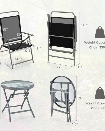 Giantex 3PCS Patio Bistro Set, Folding Outdoor Patio Table Set with 2 Foldable Chairs, 1 Ripple-Like Glass Table