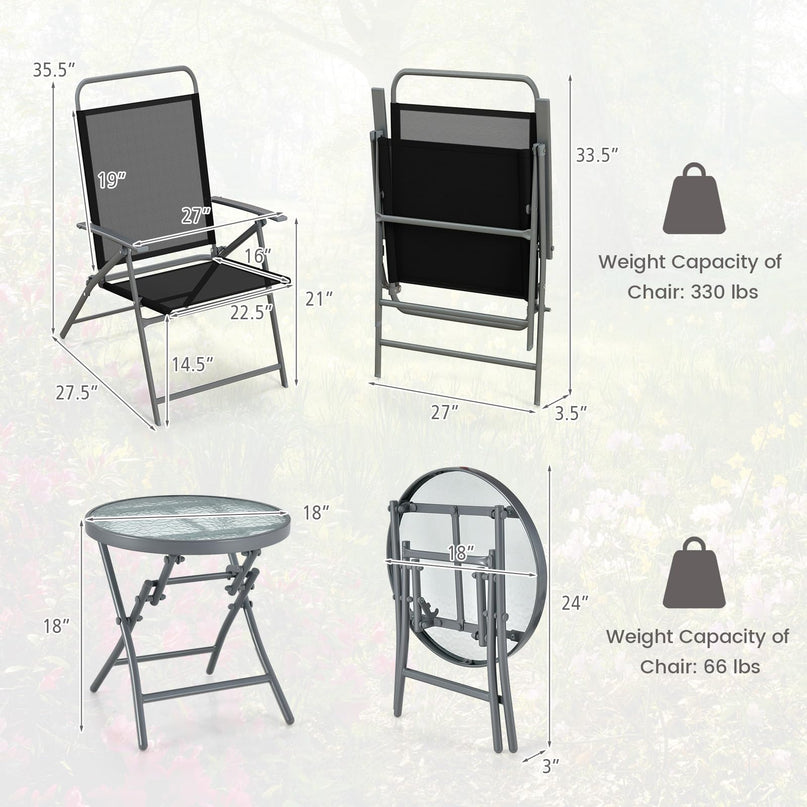 Giantex 3PCS Patio Bistro Set, Folding Outdoor Patio Table Set with 2 Foldable Chairs, 1 Ripple-Like Glass Table