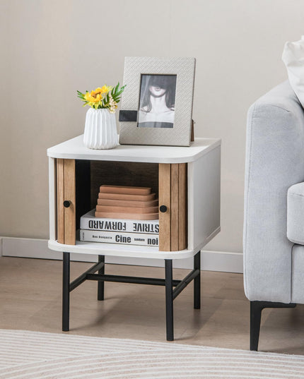 Giantex Mid-Century Modern Nightstand, Wood Bedside Table with Sliding Doors and 4 Metal Legs