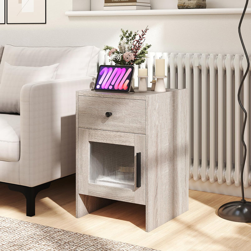 Giantex Farmhouse 16 Inch Rustic End Table with Wavy PC Door and Drawer