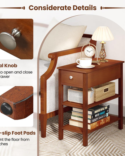 Ginatex Narrow Side Table Set of 2, Small End Tables with Drawer & Open Storage Shelves