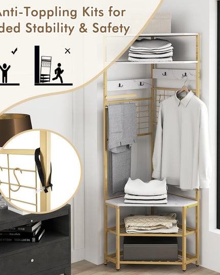 Giantex Corner Hall Tree, 73" Tall Coat Rack w/Shoe Storage Bench, 12 Metal Hooks, 5-Tier Entryway Shoes Shelf Organizer