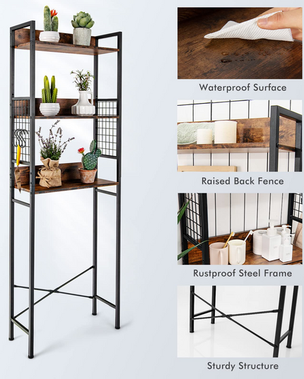Giantex Over-The-Toilet Storage Shelf, 3-Tier Bathroom Space Saver with 3 Hooks (Rustic Brown)