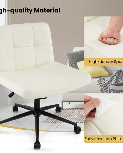 Giantex Criss Cross Chair with Wheels, PU Leather Cross Legged Office Chair, Height-adjustable Swivel Vanity Chair
