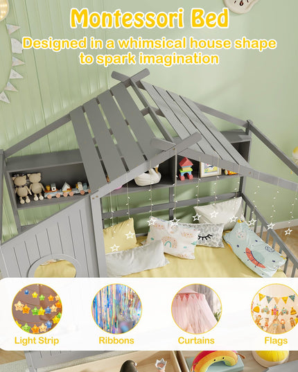 Giantex Twin House Bed with 2 Storage Drawers, Kids Bed Frame with Storage Cubes, Montessori Bed with Fence Guardrails & Roof