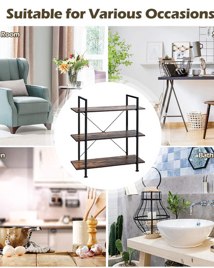 Giantex 3-Tier Industrial Bookshelf, Vintage Bookcase w/ Metal Frame