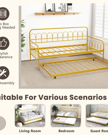 Giantex Twin Daybed with Trundle Gold, Metal Day Bed with Convenient Pull-Out Trundle Bed