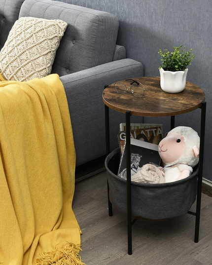 End Table Round Sofa Side Table W/Durable Storage Fabric Basket