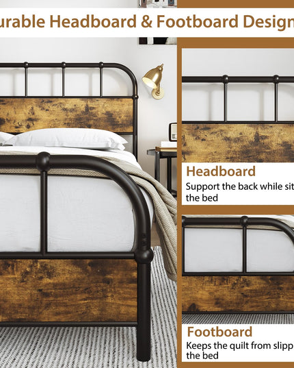 Giantex Queen Size Metal Bed Frame with Wood Headboard, Industrial Platform Bed Frame with Heavy Duty Metal Slat