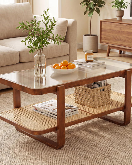 Giantex Rattan Coffee Table with Tempered Glass Top and Storage Shelf