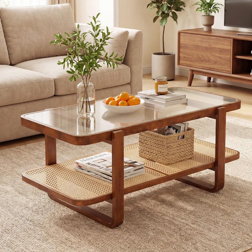 Giantex Rattan Coffee Table with Tempered Glass Top and Storage Shelf