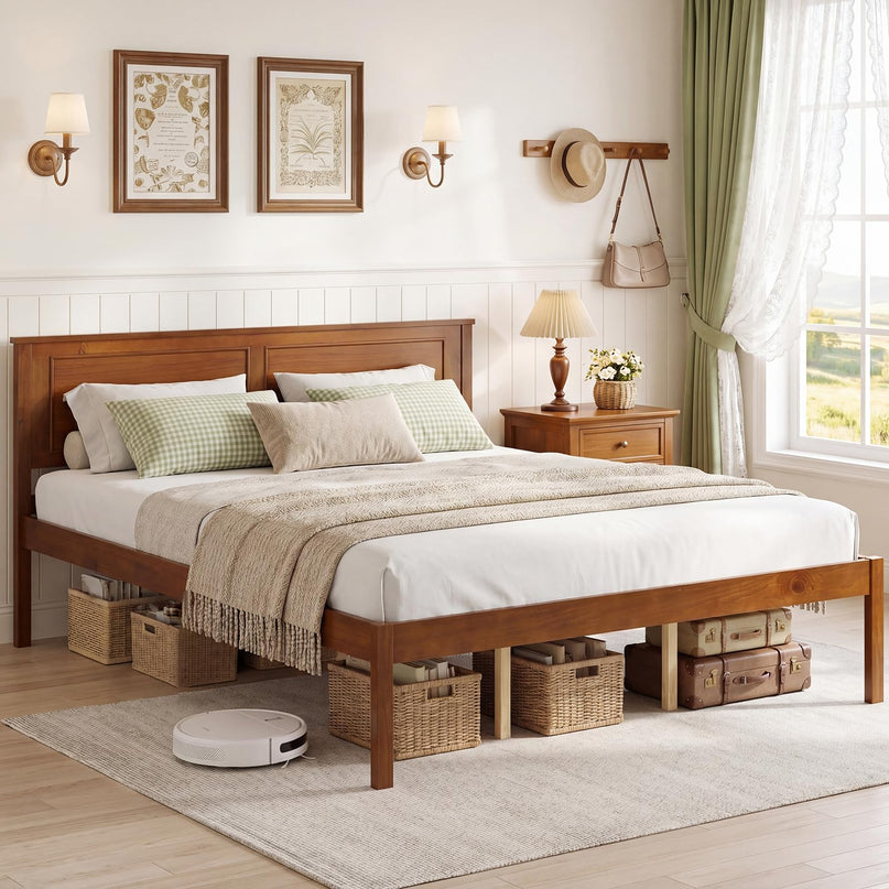 Giantex Mid-Century Modern Wood Queen/Full/Twin Size Bed Frame with Headboard
