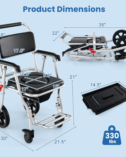 Giantex Bedside Commode Wheelchair for Toilet - Foldable Shower Chair with Arms, Lockable Casters