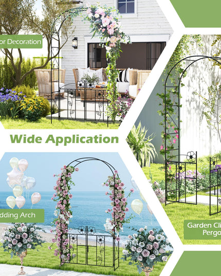 Giantex Garden Arbor with Gate, 7.5FT Metal Arch Trellis for Climbing Plants Rose Ivy, Archway Pergola with Flower Door