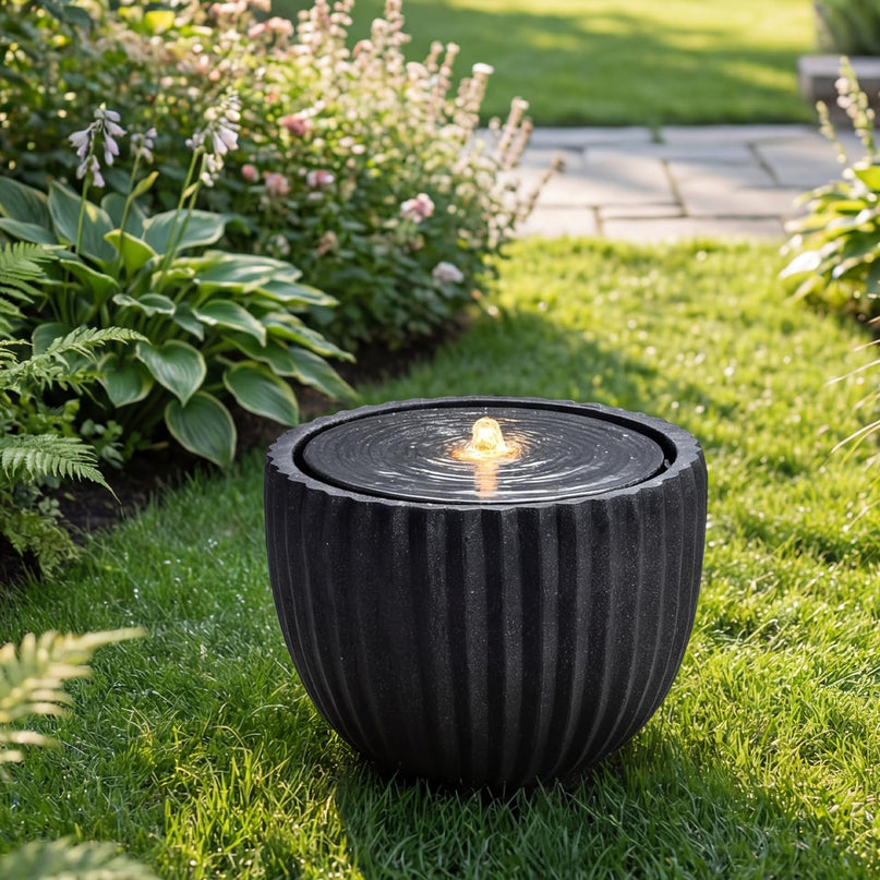 Giantex 17.5" Round Outdoor Water Fountain with 6 LED Lights & Adjustable Pump