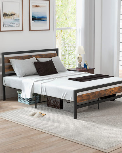Giantex Queen Metal Platform Bed Frame with Wooden Headboard & Footboard, Rustic Brown
