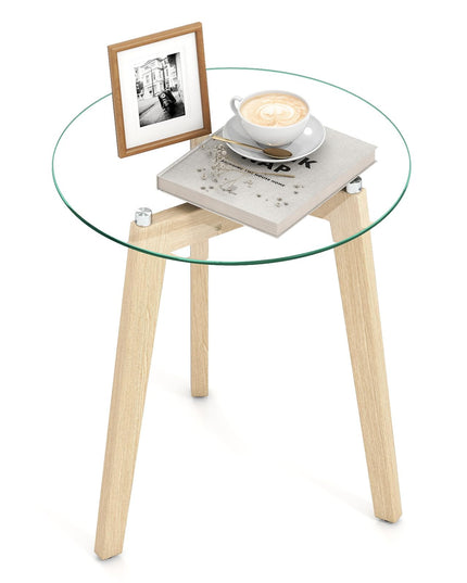 Giantex Modern Round Bedside Nightstand with Clear Tempered Glass Top & Rubber Wood Legs