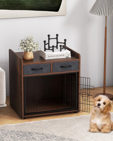 Giantex Dog Crate Furniture - Wooden Dog Cage End Table with 2 Storage Drawers