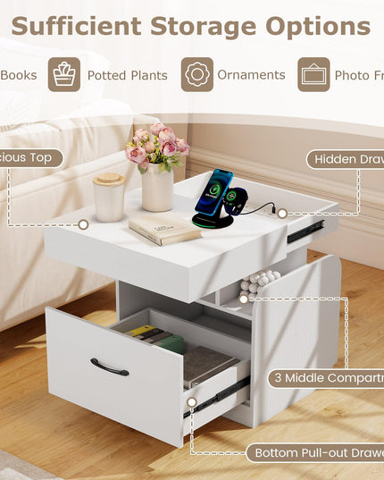 Giantex Nightstand with Charging Station Modern Bedside Table